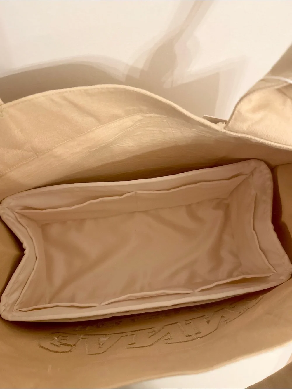 NWT Ganni tote tan beige cotton canvas tote gold embroidered logo w/ silk insert